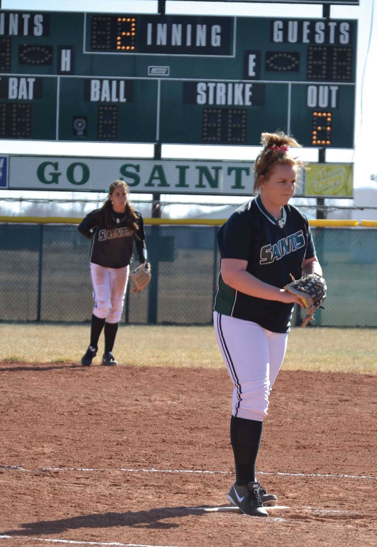 Crusader photo/Jose Medrano
Brittney Sharkey prepares to pitch during the Lady Saints match against Northern Oklahoma-Tonkawa Feb. 9. Sharkey received the KJCCC Player of the Week award for the week of Feb. 10-17.