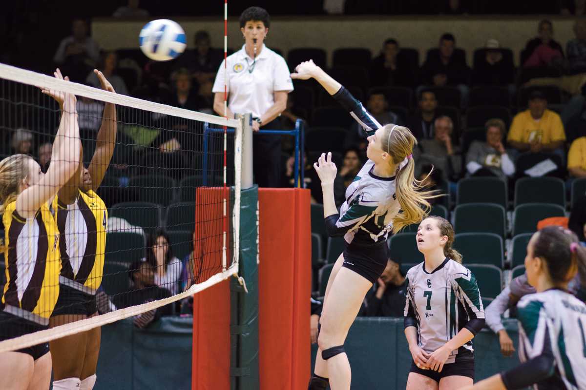 Crusader photo/Jakub Stepanovic
Hitter Morgan Riley, sophomore at Seward County Community College, spikes the volleyball Tuesday night against Garden City in the first round of the regional tournament and the team’s final outing at the Green House.
