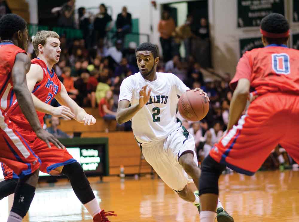 Crusader photo/ Jakub Stepanovic
Niem Stevenson, who was named an NJCAA All-American, drives to the lane against Hutchinson.  The Saints freshman averaged 19.3 points per game on the year, 1.6 steals and 5.3 rebounds per game.