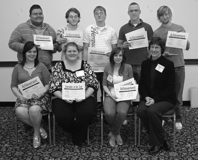 Crusader photo
Crusader staff members recently returned home from the Kansas Associated Collegiate Press convention with 27 individual awards and a Silver Medalist award for the overall paper. Students on the trip were, back, Jose Rodriguez, Tyler Savely, James McElvania, Will Rector and Rustin Watt, front, Chelsi Valdez, Jessica Lulf, Morgan Allaman and faculty adviser Anita Reed. The group got to hear from professionals in the media business including Jonathan Kealing, who is the online editor for The World Company in Lawrence, Kansas.