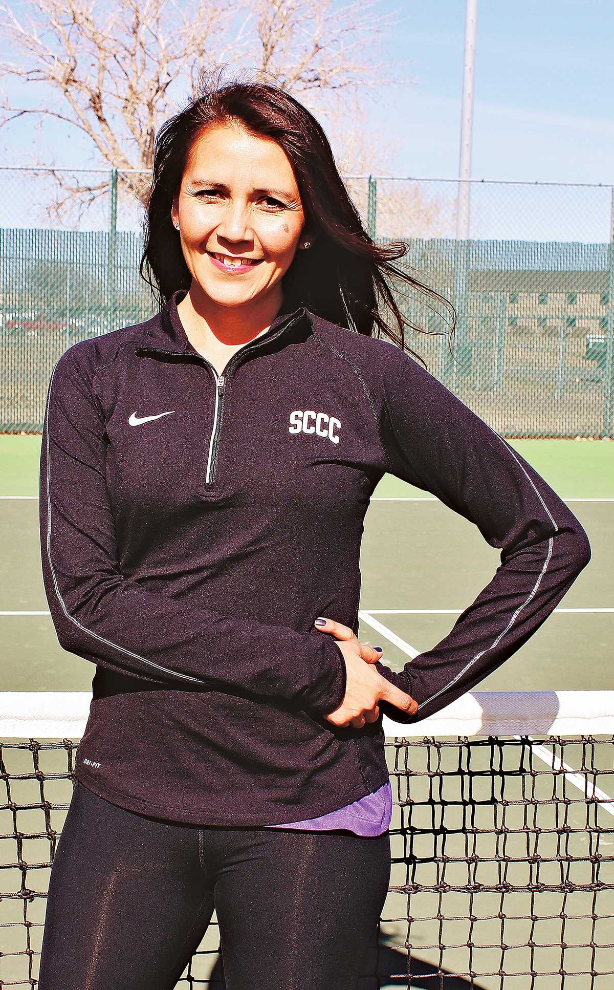 Crusader photo/ Xochitl Gonzalez
Assistant tennis coach Nadine Mein out at the courts for practice.