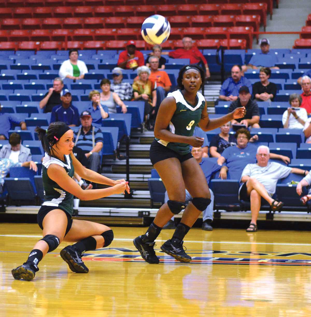 Crusader photo/Maria Lara
Carolina Gasparini digs the ball in an effort to return a kill attempt from the Hutchinson Blue Dragons. Gasparini ended the night Sept. 17 with nine kills and 13 digs.