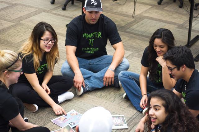 Crusader photo/Maria Lara Noel Grajeda, Rachael Cano, Jake Jimenez and Leslie Prieto discuss plans for this Friday’s event for Pi Day in the Math Resource Lab.