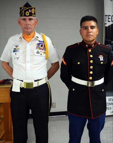 Richard E. Stoops SFC USA, CRETI and PFC Damian, 1141 Electrician USMC are honored at the Patriot Day celebration at SCCC. Stoops formerly worked at the college in the security department. 