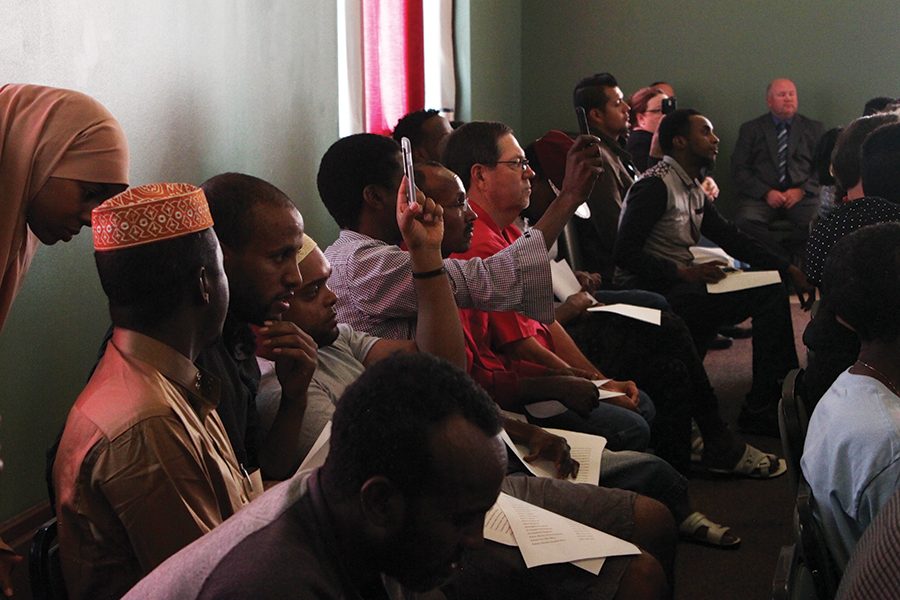 Members of the Somali community meet at the Colvin Learning Center to express growing concerns. 