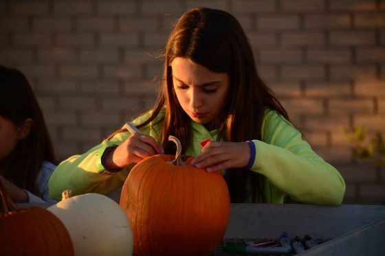 Ana Pepa carves a pumpkin to enter the pumpkin carving contest at the Pupmkin Olympics. Ana is only 11 years old and attended the Pumpkin Olympics with her parents.