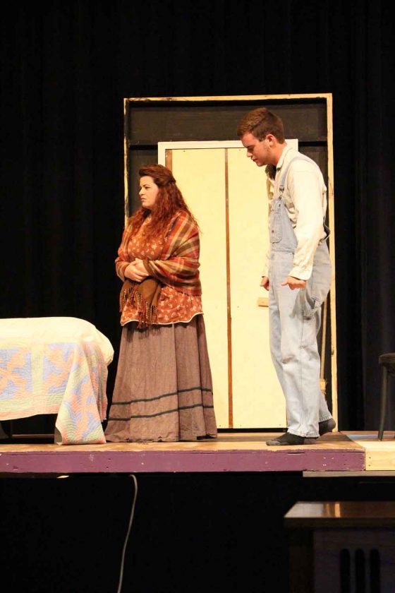Seward County Community College students, Jessica Malkin and Franklin Guillen rehearse for the play, Bleeding Kansas. 