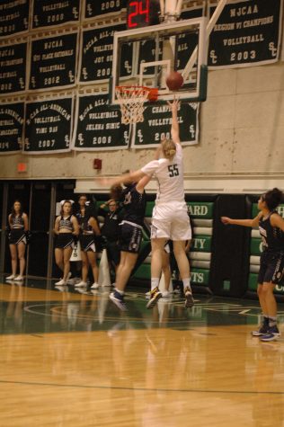 Joanna Grymek putting up the ball for the score. Grymek had a dominating freshman season for the Lady Saints, leading her to First Team All-Jayhawk and Second Team All-Region VI honors. 