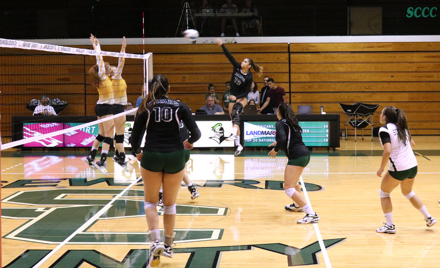 Viviane Viana attempts a thundering spike during their matchup. Viana finished the match against Pratt with 2 points.