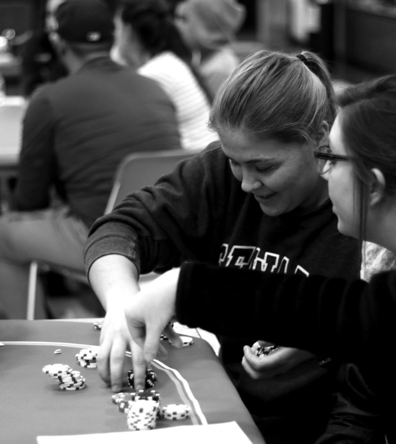 This was the first time Mollie Mounsey, sophomore, played Texas Hold ‘em. She started off the night with “beginner’s luck” by winning several hands and increasing her pile of chips. Her luck, however, didn’t last the entire night and she was eliminated from the tournament.