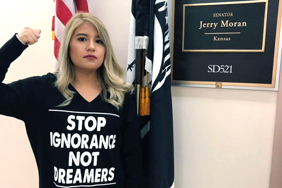 Sarahi+Aguilera%2C+sophomore+criminal+justice+major%2C+spent+Friday%2C+Jan.+19%2C+marching+in+Washington+DC+and+visiting+Kansas+senator%2C+Jerry+Morans+office+to+lend+her+voice+in+support+of+DACA.+Aguilera+travelled+to+the+nationals+capital+to+fight+for+the+dream+act+as+the+deadline+for+either+a+budget+or+government+shutdown+looms.+