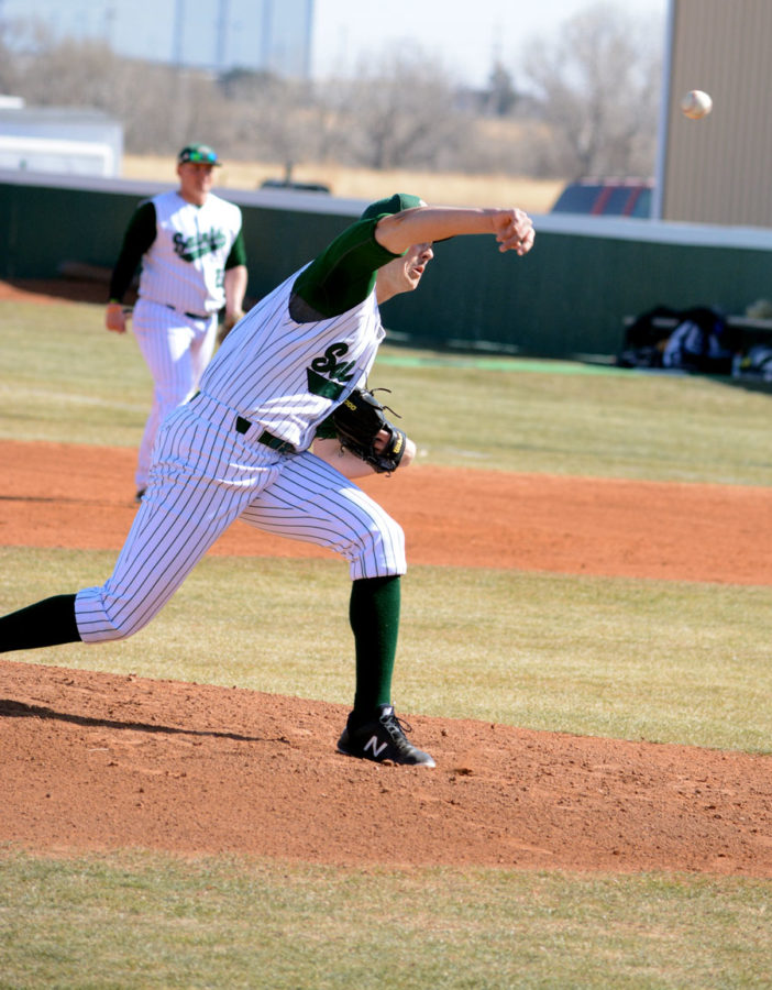 Freshman Braeden Gould strikes out his opponent in the beginning of the matchup against Northeastern. Gould is RHP (right hand pitcher) for SCCC Men’s Baseball team.