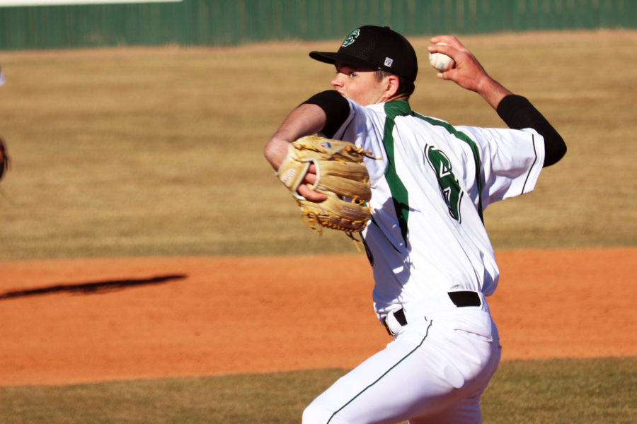 Freshman right-handed pitcher, Tanner King, pitches to an opponent. File Photo)