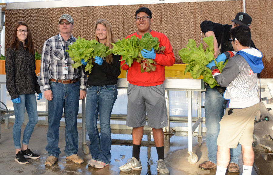 Concurrent student, Haley Yancey, instructor, Joshua C. Morris, and concurrent students,  Brooklynn Bauer, Adan Vera, Jalen Rosales, Felipe Darbyshire, and technician, Mereya Hughbanks help with the growing of all of the crops in the SCCC greenhouse.