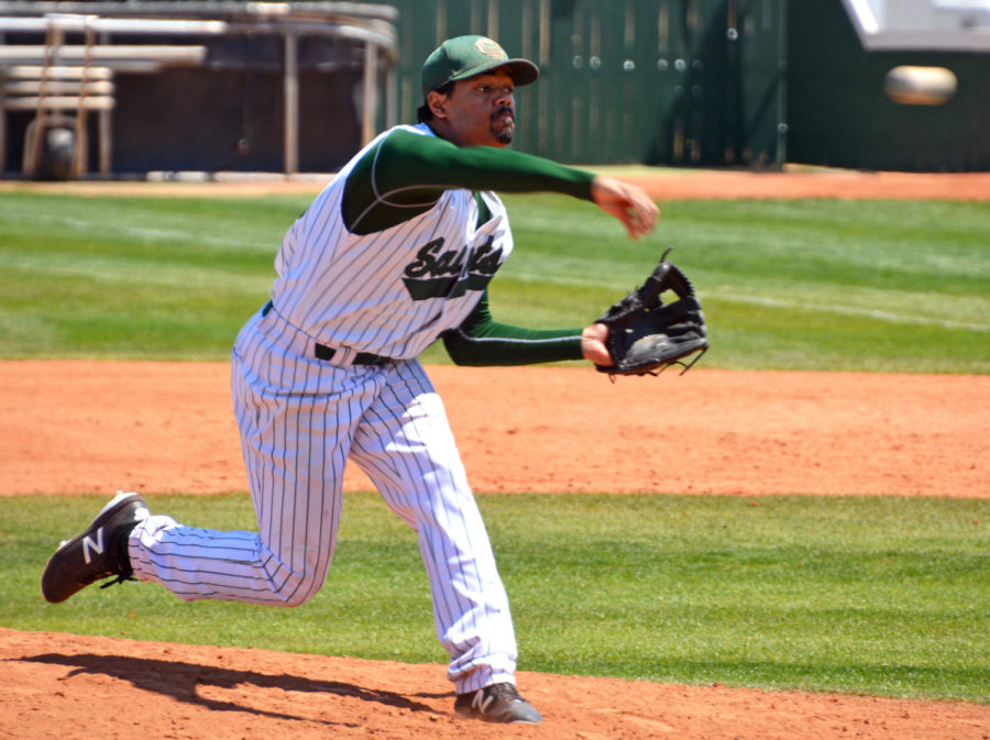 Jordan Pepper, sophomore pitcher, fires on in to the plate. The Saints played their way into the Region VI tournament by defeating Fort Scott in a best of three game series. (file photo)