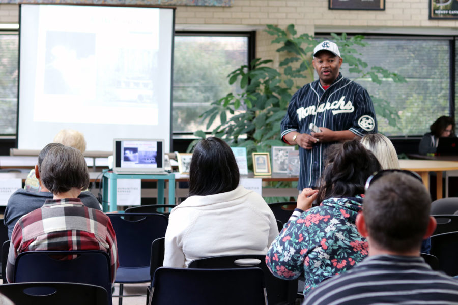 During his presentation, Dixon mentions players that might be unknown, like Wilber “Bullet” Rogan and Norman Thomas Turkey Stearnes who played for the Monarchs. Many people don’t know that Jackie Robinson also played for the Monarchs before playing in the major leagues.
