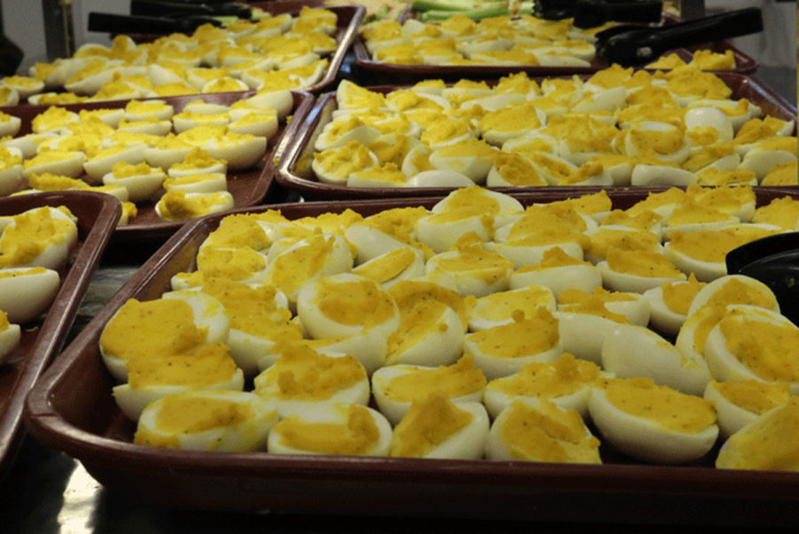 Loads of Deviled eggs were made and ready to be eaten by the community. 