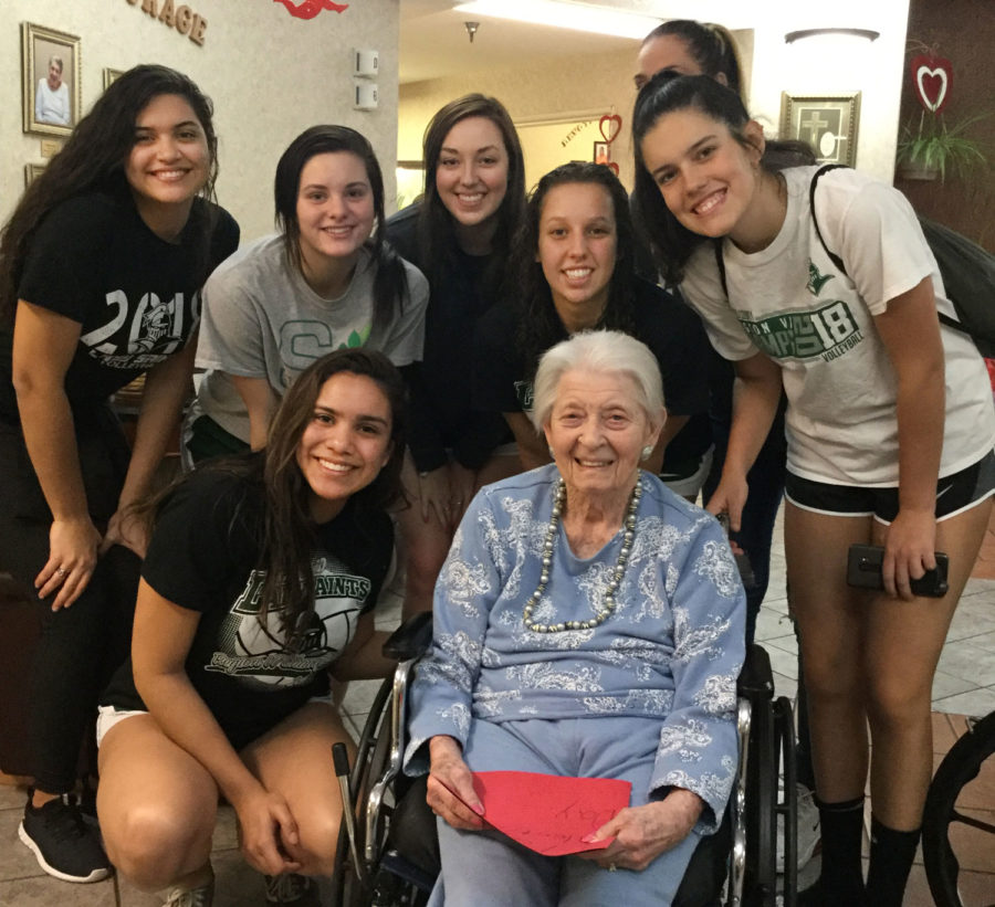 The Lady Saints volleyball team spent the afternoon visiting area nursing home residents and delivering homemade valentines cards. Students from the college visited three homes on Feb. 14.
