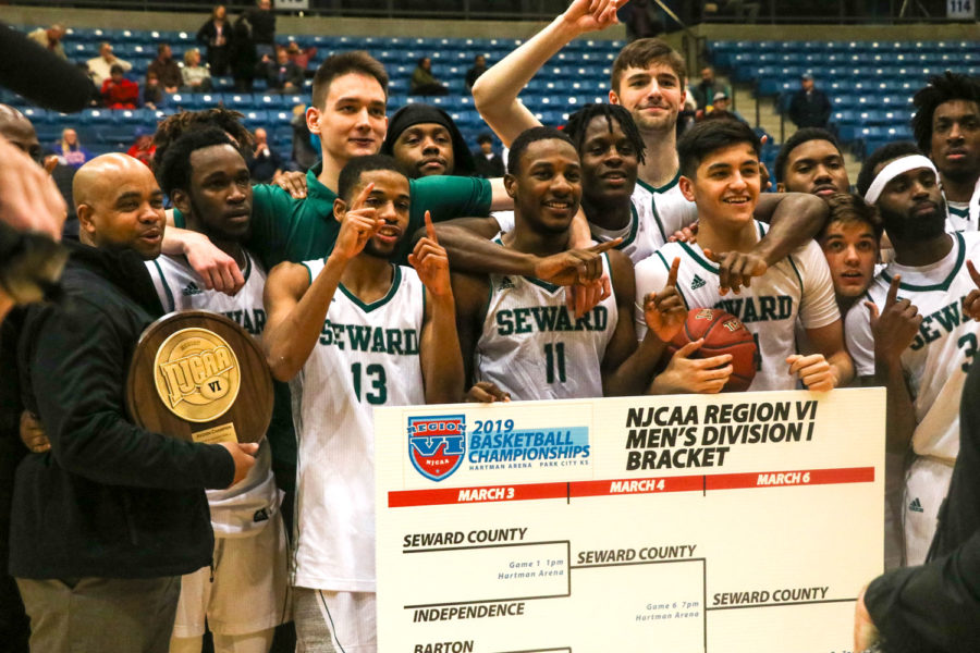 The Seward County Community College men’s basketball team celebrates after winning the Region VI championship against Hutchinson. This was just the sixth time in program history for the men to win. They will automatically advance to the national tournament in Hutchinson on March 18-23.

