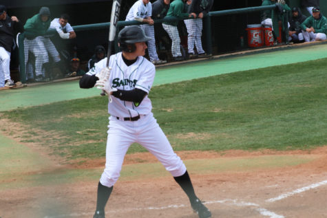 Cruz Shope stands up to the plate for the pitch. The sophomore outfielder is counted on to get runs across whether its from runs batted in or scoring himself. Shope hit five home runs during the regular season but crossed home plate himself, 46 times.(file photo)