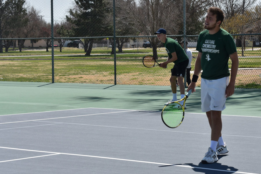 Nicolas Rousset, Plaisance, France sophomore, and Sander Jans, De Ronerberg, Netherlands, play in a doubles match against Cowley College on April 5. They are No. 1 in doubles for Seward.