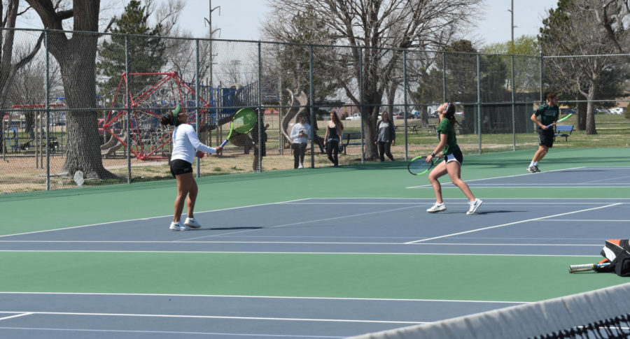 Patricia Panta and her partner Maria Aveiga are No. 1 in doubles for SCCC. They led the game 8-5. 