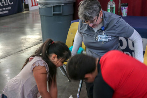 Elizabeth Irby, CPR/First Aid teacher of SWMC, has a couple of kids race each other doing CPR at the Community Health Fair.