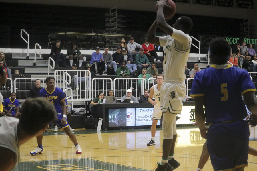 Guard player for the Saints, makes one of his points for the night. Branton McCrary is from Little Rock Arkansas and he is currently a freshman at SCCC. 


