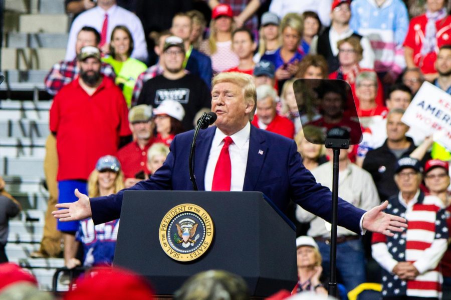 President+Donald+Trump+addresses+the+crowd+at+Target+Center+in+Minneapolis%2C+Minnesota%2C+for+his+2020+presidential+campaign+rally+on+October+10%2C+2019.+Trump+continues+to+campaign+despite+the+impeachment+process+beginning.+The+Senate+began+hearing+testimonies+this+week.