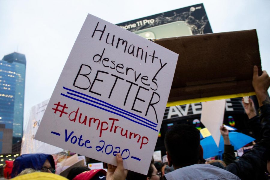 Anti-Trump demonstrators gather outside Target Center in Minneapolis, MN, to protest Donald Trump and his 2020 presidential campaign rally on October 10, 2019.