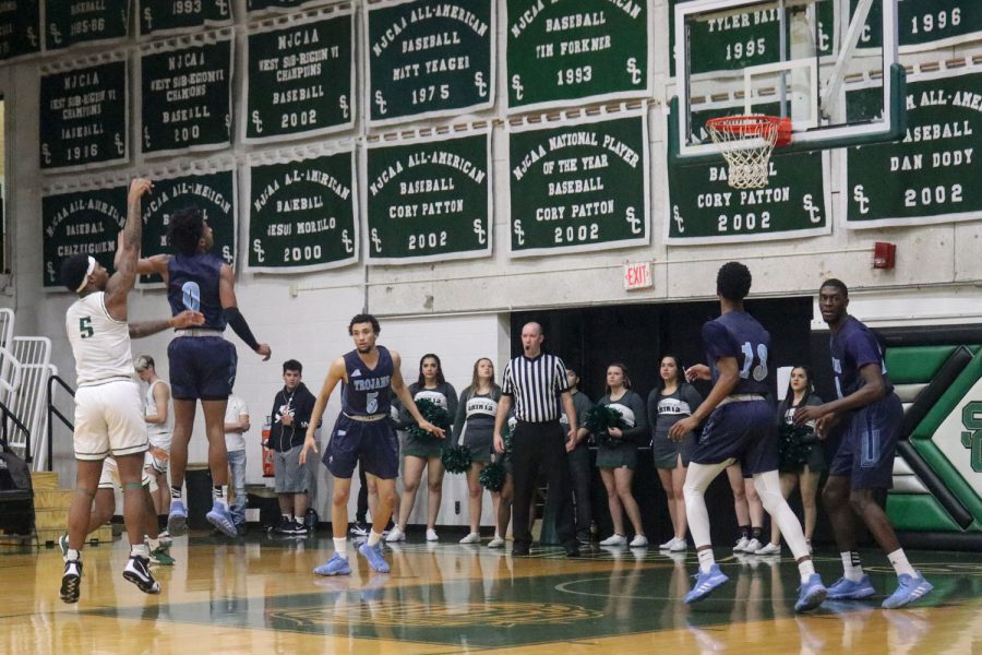 Greg Johnson shooting at the free throw line. The freshman guard is from Little Rock, Arkansas and he made four points against Colby Community College. 