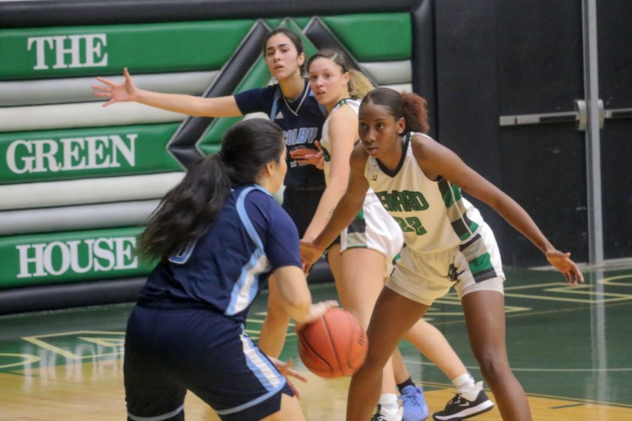 The Lady Saints defense held Colby Community College to just 51 points for the night. Leilani Augmon moves in to steal the ball. 