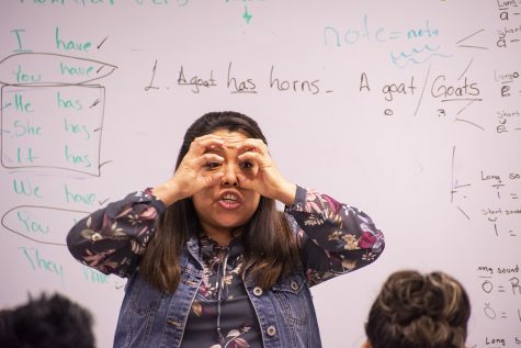 Victoria Bangs provides a visual learning experience for beginning English students. Most of the students speak Spanish but Bangs doesn’t allow it to be spoken in her class, in an effort to get as much English practice as possible. One of the best ways for beginner students to connect a meaning with a vocabulary word is by acting it out or using pictures. There are three levels of English offered at the Colvin Adult Learning Center — basic, intermediate and advanced.