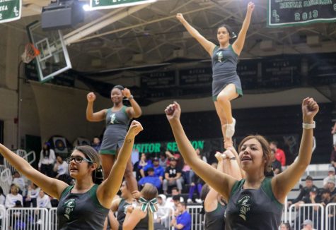 The cheer squad usually performs during a time out and half times. Their routines involve dances and stunts. Sophomore Emily Borjas is seen doing a liberty stunt in the background.