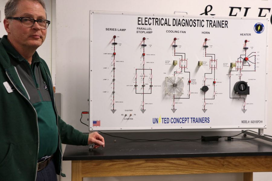 Mrs. Hickman shows Crusader News a little bit about electrical diagnostic. This board is placed in one of his old classrooms that he used to teach technical processing. 