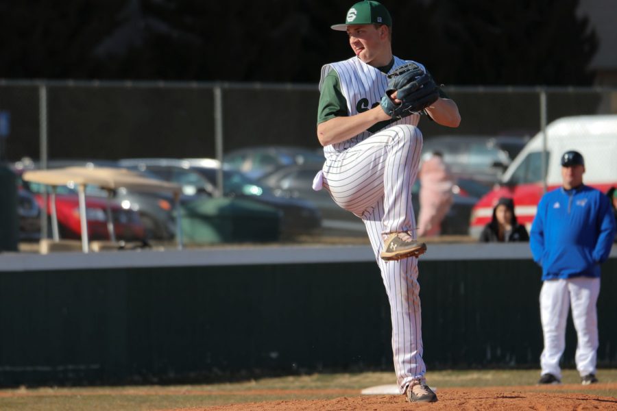 Evan+Truelson%2C+North+Riddgeville%2C+Ohio%2C+winds+up+before+releasing+a+pitch+in+a+March+7+game+against+Cloud+County+Community+College.+The+redshirt+freshman+pitched+in+11+games+before+the+season+was+canceled+due+to+the+COVID-19+outbreak.+He+split+time+between+pitching+and+playing+first+base+before+all+activities+at+Seward+County+Community+College+were+canceled.%0A%0A