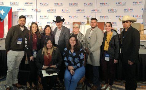 HALO students attended the 38th USHLI conference from Feb. 20- Feb. 23. HALO students left to right back row: Sammir Martinez, Alondra Sanchez, Frances Brown, Dr. Juan Andrade, Jr., President of United States Hispanic Leadership Institute, Patsy Fischer, Miguel Perez, Ana Herrera and Luis Jimenez. Left to right front row: Alizae Salinas and Maria Herrera.