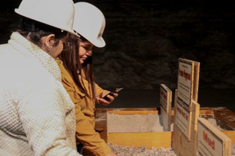 Erika Espinoza, TRiO advisor, got a first glimpse of the salt rocks in the Strataca by touching the Oversize Rock Salt display in the Permian Playground. Guests are able to touch the displays in the Permian Playground, such as the salt dust and oversize rock salt.