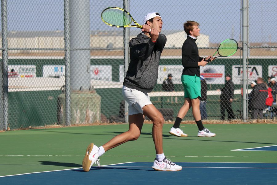 Raul Centeno practices his  forehand follow through. He won his single against Tyler Junior College, but lost his double playing with Sander Jans. (file photo) 