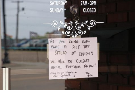 Local family owned coffee shop The Hustle posts a sign on their door announcing they are closed until further notice due to COVID-19. The shop employed a SCCC student Mario Loredo. They were forced to close due to lack of supplies and groceries.