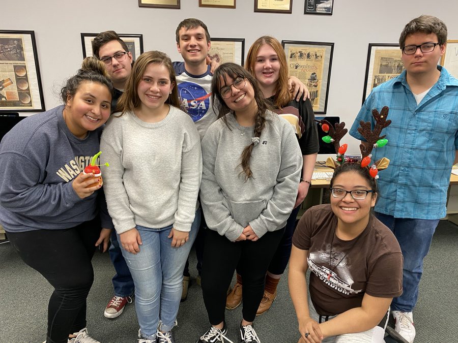 The Crusader staff Fall 2019: Monica Gonzalez, Rebecca Irby and Maggie Ibarra. (back row) Calen Moore, Preston Burrows, Cheyenne Miller and Josh Swanson.