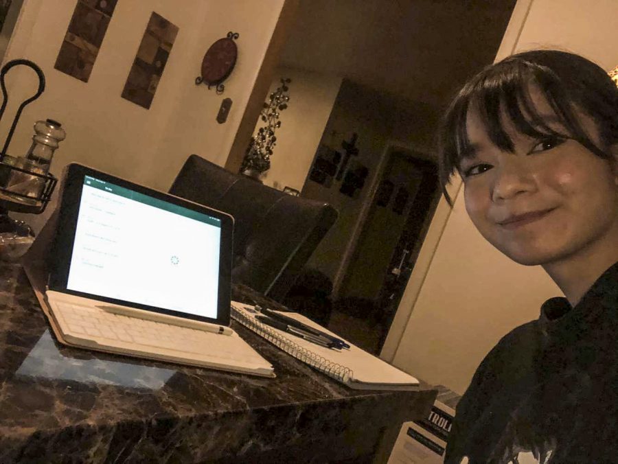 Destiny Duran, Psychology major, learns from her family’s dinner table. Duran is a sophomore planning to attend University of Kansas in the fall. She said, “Online school makes me think homework is optional.” 