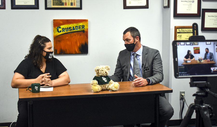 Brad Bennett is interviewed by Crusader News reporter, Mary Ramirez, live on Crusaders instagram and facebook on Oct. 22. Its Bennetts first week as the president of Seward County Community College and he is trying to get to know students on campus.
