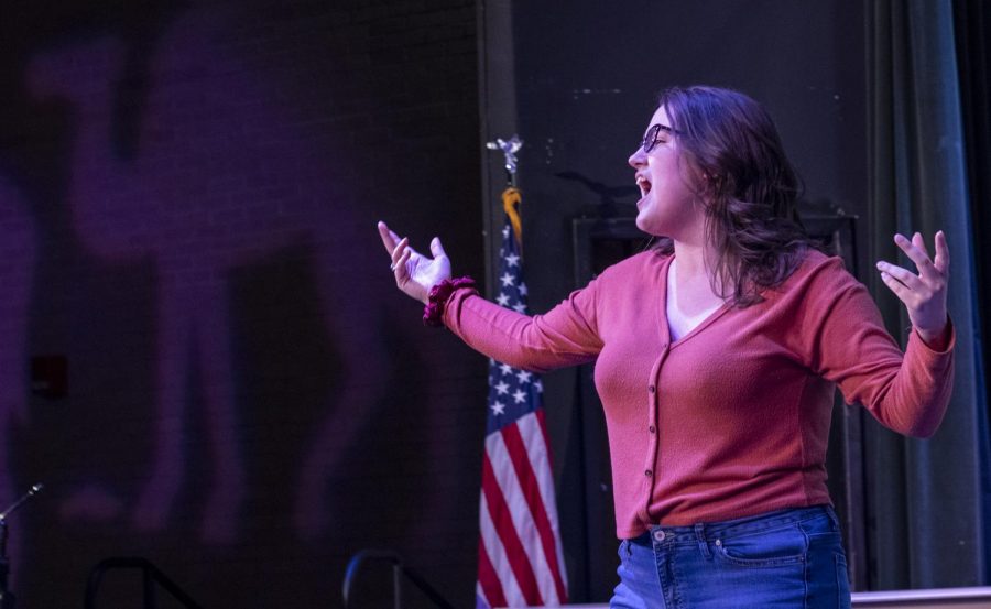 Madelyn Sander expresses herself dramatically in a song in SCCC’s Broadway Revue. Sanders sings solos, duets and ensembles as part of the first show back in the theater on campus since Fall 2019. The show will be performed April 22-24 at 7 p.m. Seating is limited so call the college for tickets.
