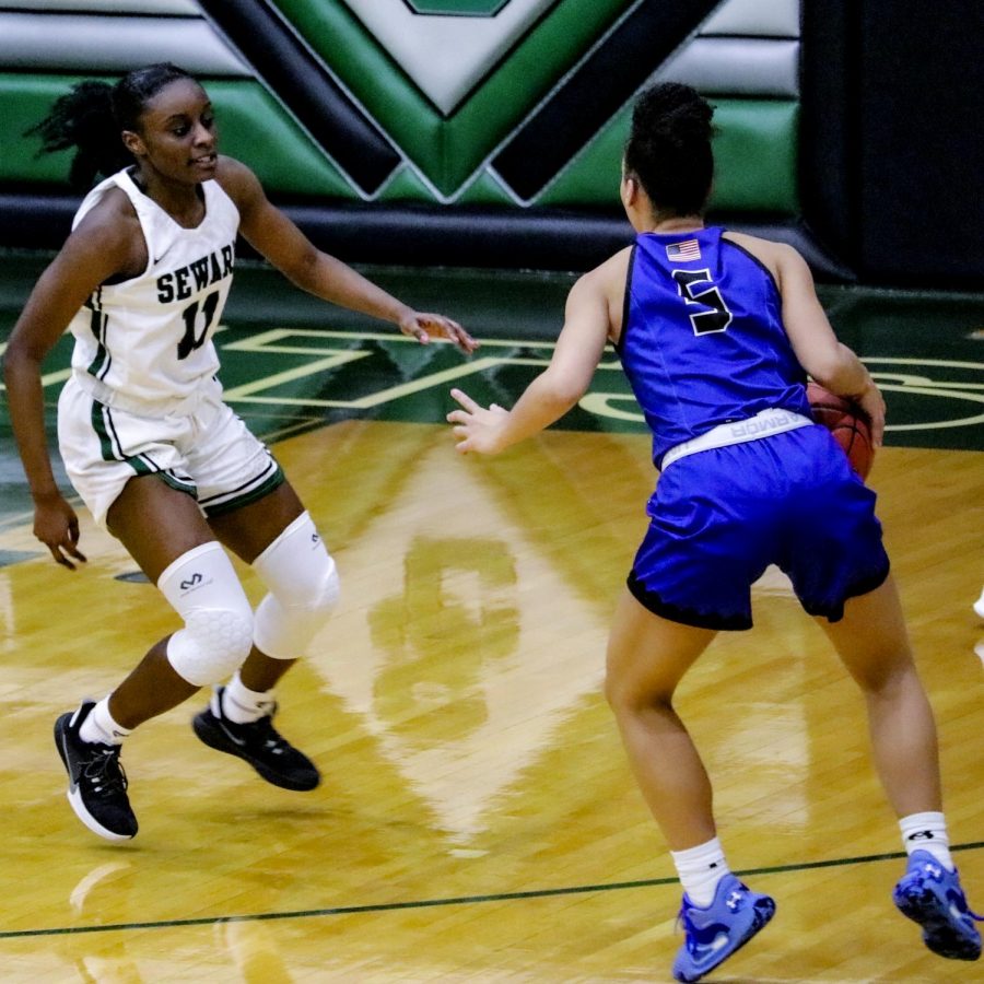 Madina+Camara++a+freshman+from+Maputo%2C+Mozambique+defends+the+basket+from+Pratt.+Camara+made+a+total+of+seven+points+for+the+Lady+Saints+during+the+game.+The+Lady+Saints+will+be+going+to+the+first+round+of+the+playoffs+on+April+5.+%0A