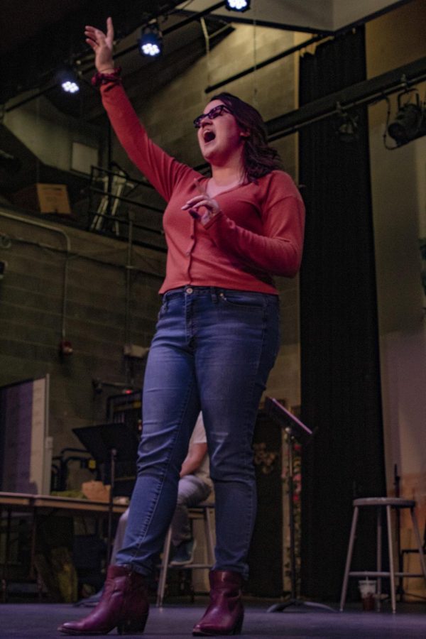 Madelyn Sander acts out parts of a Broadway song in SCCC’s Broadway Revue. Sander said she was excited to be a part of the first performance on the stage since the Fall of 2019.