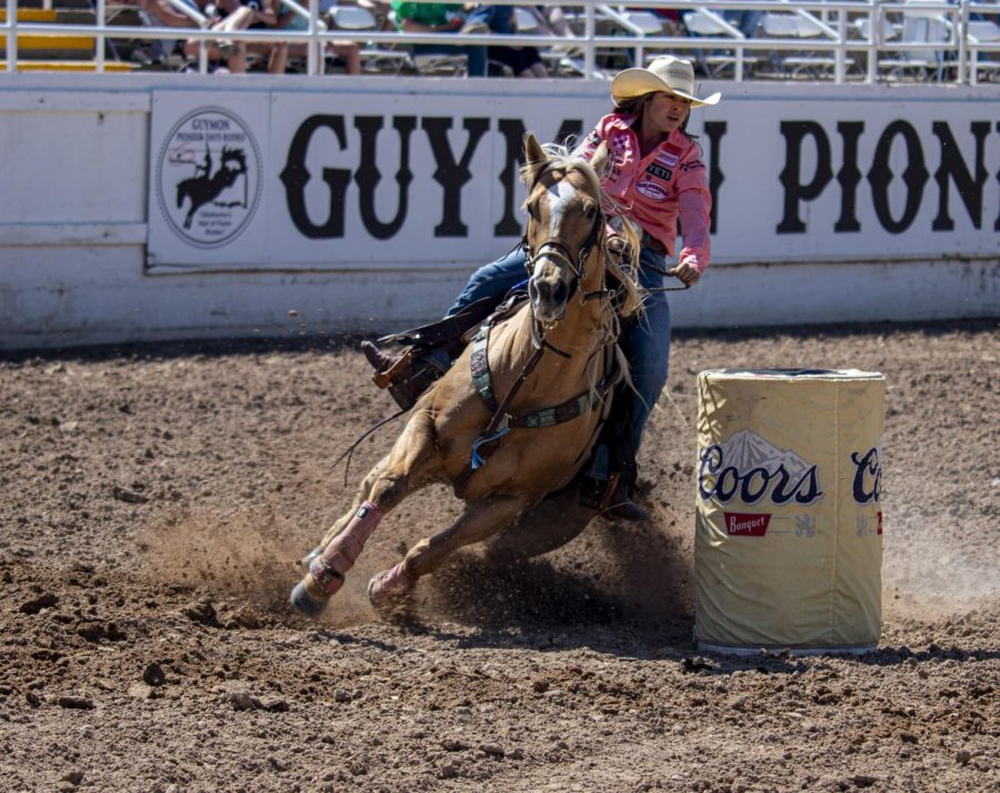 The reigning three-time world champion Hailey Kinsel rounds barrel number three to run a 17.26 second run. Kinsel placed first in the round averages of the Guymon Pioneer Days PRCA Rodeo, April 30-May2. She tied with Jordon Briggs. Both brought home $2,131 for the event.