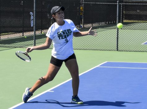 Freshman Alejandra Sandoval hits a forehand in her first match in Oklahoma City during a weekend tournament Sept.17-8.