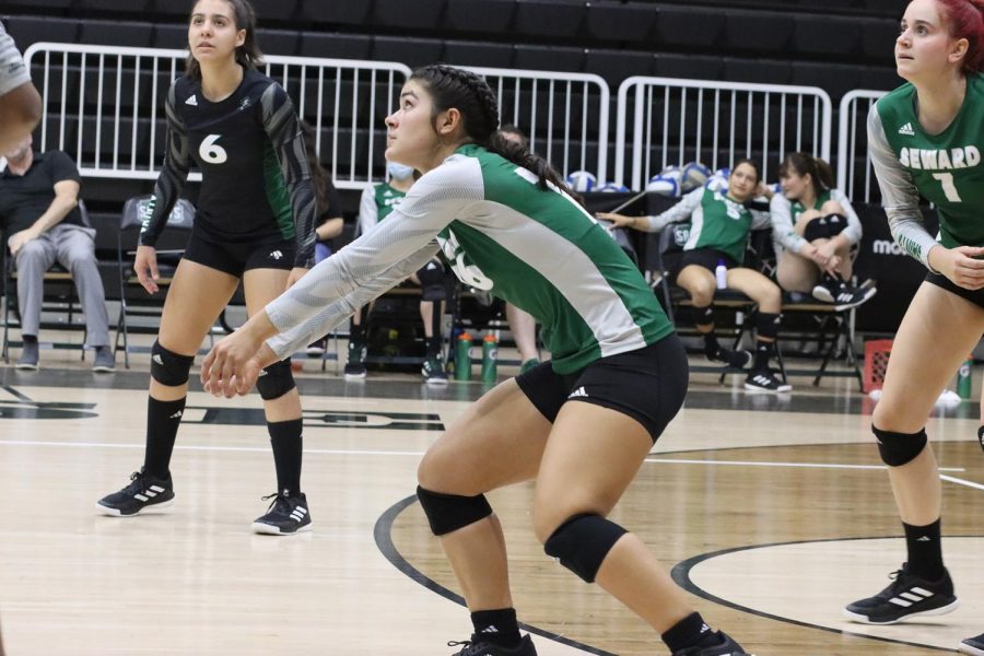 Logan Dodge, Liberal freshman, gets ready to defend the ball coming from the Lady Rattlers. The Lady Saint is a setter and defensive specialist.