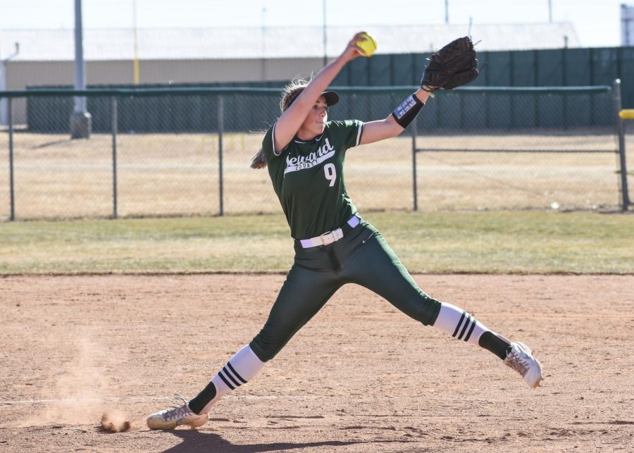 Ireland Caro steps off the pitchers slab and propels toward home plate. The sophomore got the 8-0 win against Lamar and recorded two strikeouts.